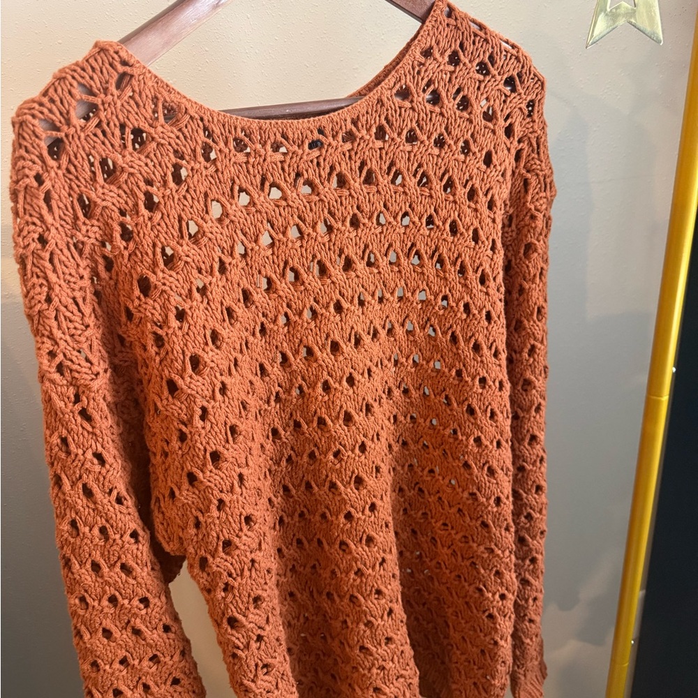 Pura Open Knit Crochet Sweater Women’s Large Rust Boho Lightweight Pullover